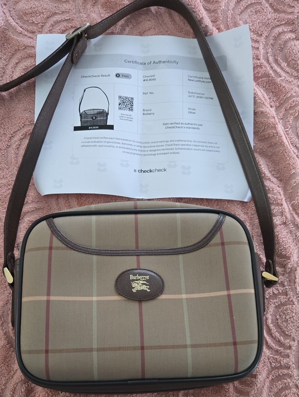 Burberry Brown and Beige Plaid Messenger Bag with Leather Trim